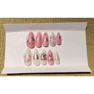 New Pink White Sparkle Rhinestone Heart Press on Nails- 24